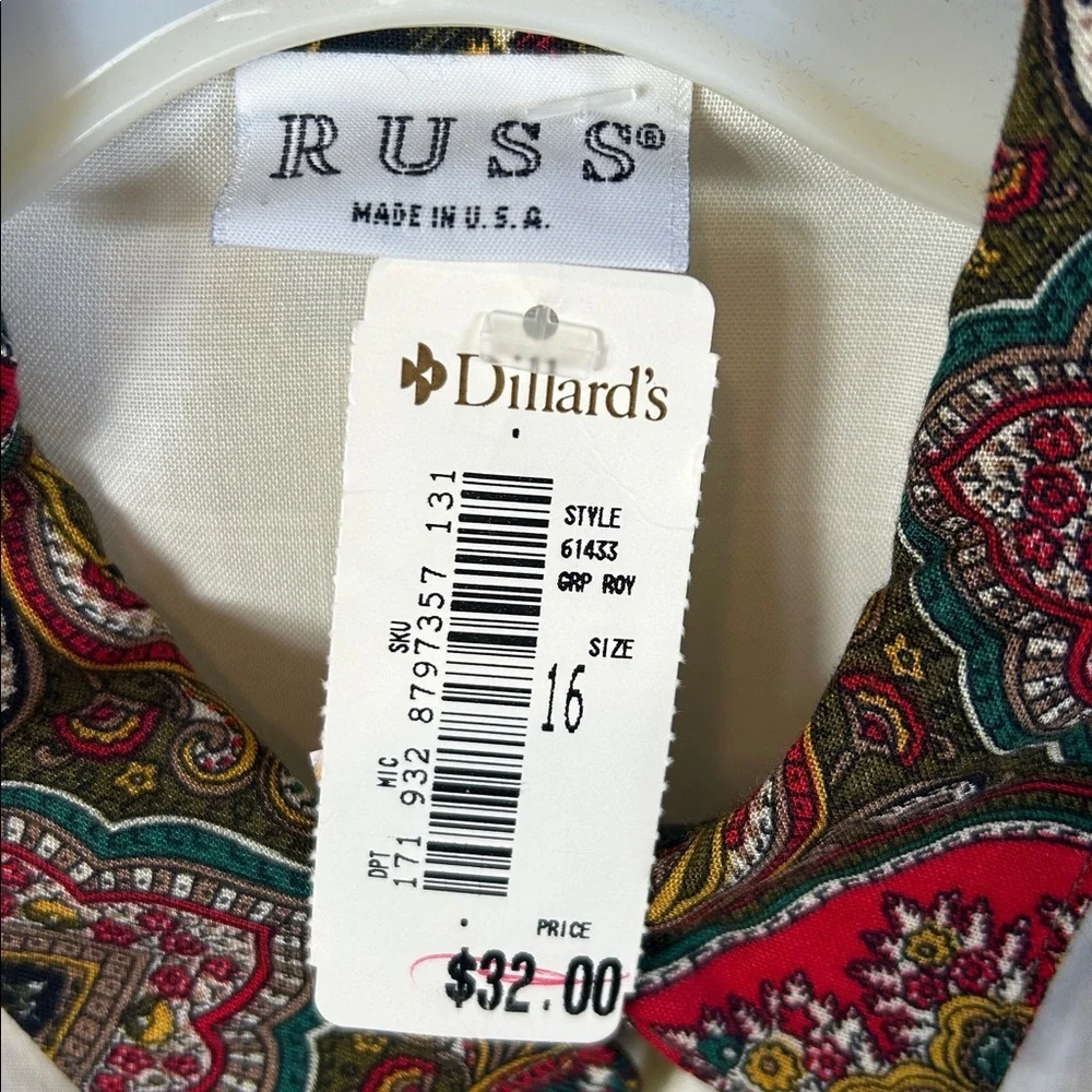 Russ Skirt Set Cream Shirt with Red Paisley Accents and Scarf Size 14/16 Vintage